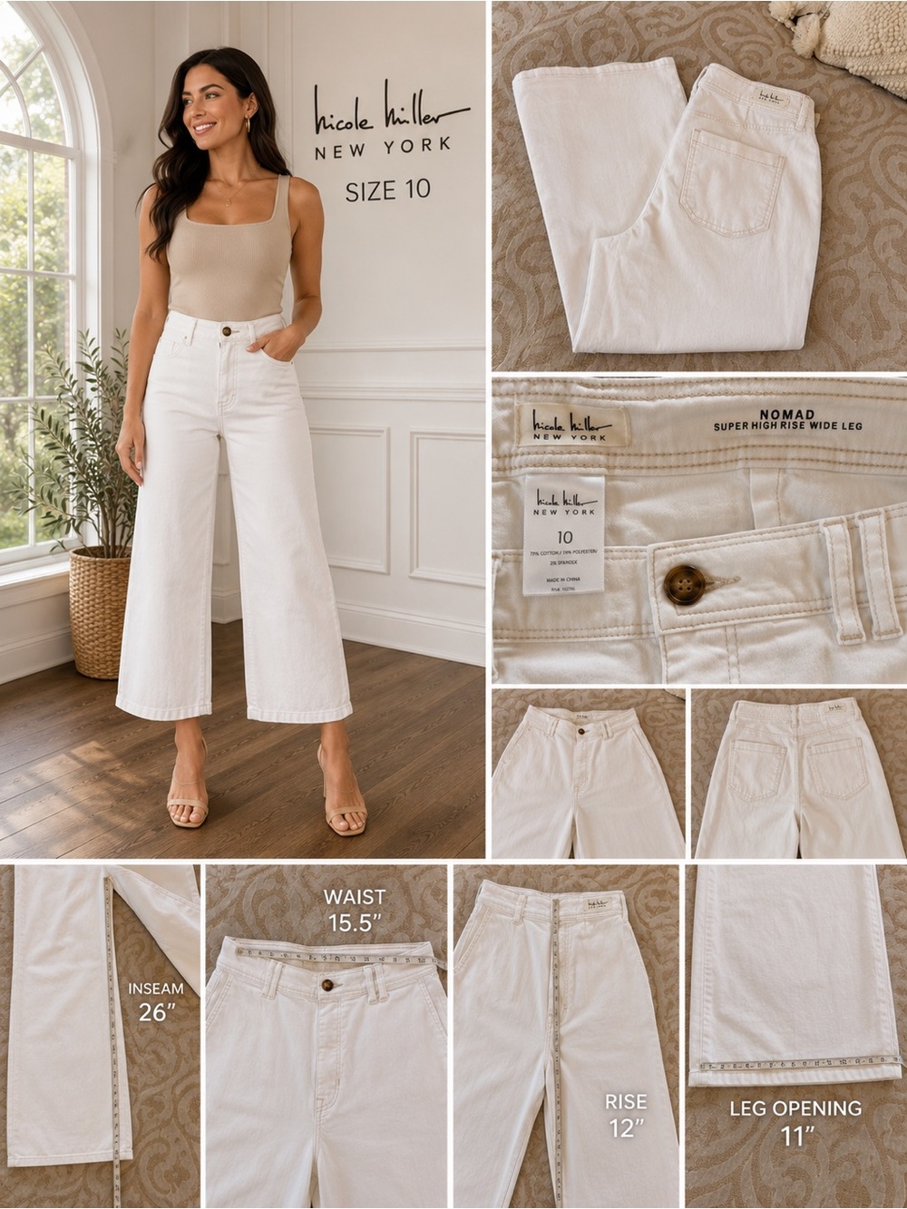 Nicole Miller New York Nomad Super High Rise Wide Leg White Jeans 10 - Picture 2 of 14